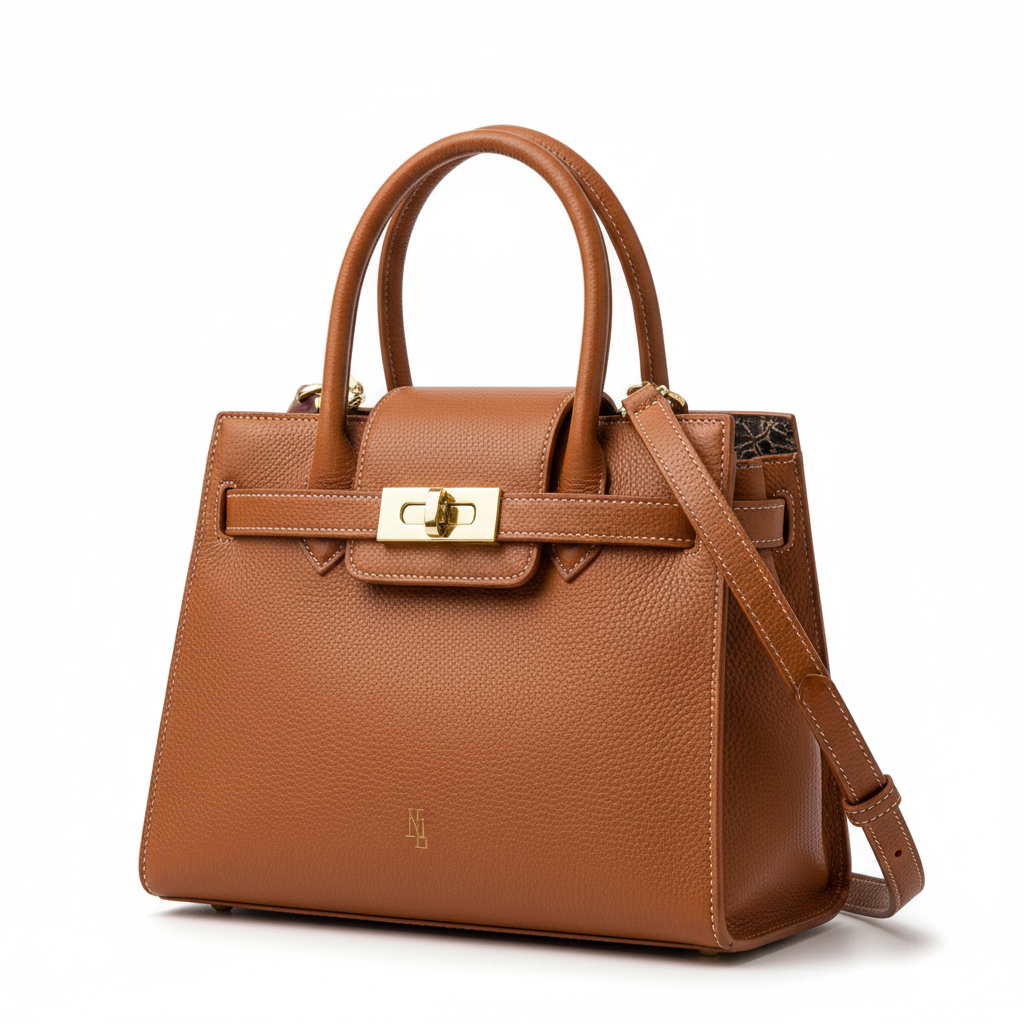 Brown leather handbag for women on white background
