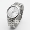 Men's silver wristwatch on white background