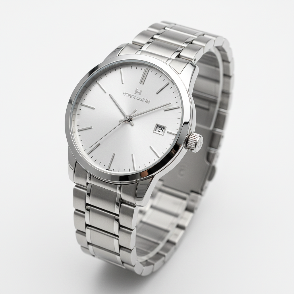 Men's silver wristwatch on white background
