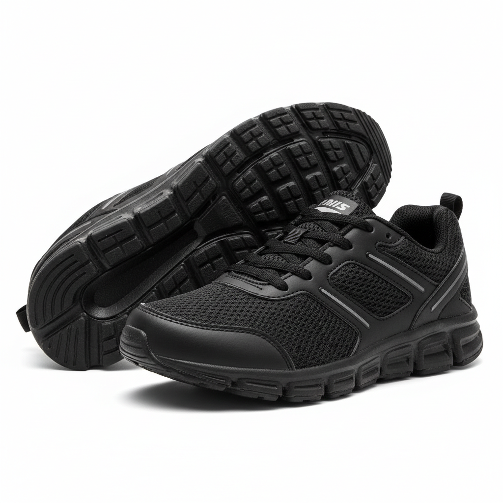 Black running sneakers on white background