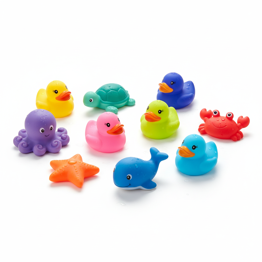 Colorful kids bath toy set with rubber ducks and sea animals